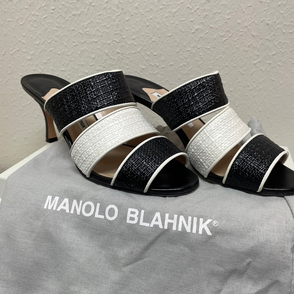 Manolo Blahnik Rafia Leather Black and White Mules